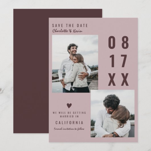 Carte Brousse bordeaux enregistrer la date mariage 2 pho (Devant / Derrière)