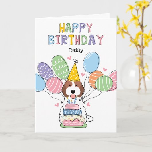 Carte Brown blanc Cockapo Cavapoo Chien Joyeux anniversa (Fleur jaune)