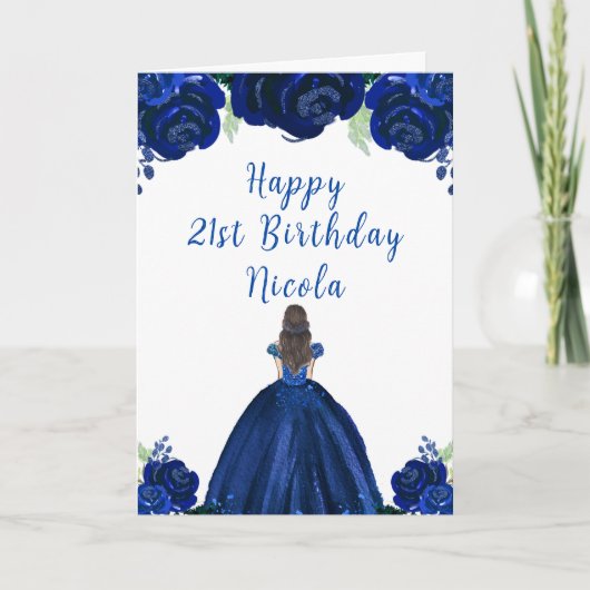 Carte Brown Cheveux Princess Navy Floral Anniversaire (Devant)