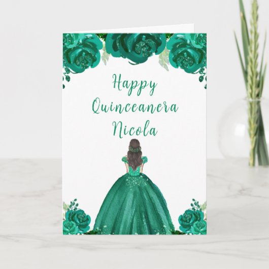 Carte Brown Cheveux Princesse Green Floral Quinceanera (Devant)