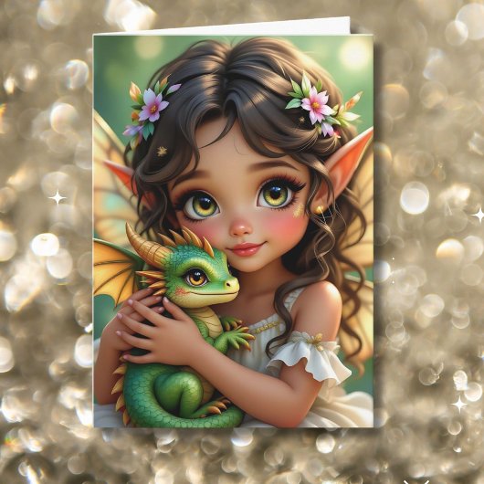Carte Brown Eyed Elven Fairy and Dragon Birthday