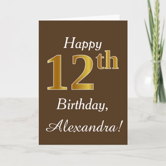 Carte Brown, Faux Gold 12e anniversaire + Nom personnali (Devant)