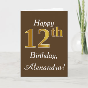 Carte Brown, Faux Gold 12e anniversaire + Nom personnali