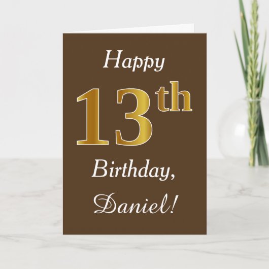 Carte Brown, Faux Gold 13e anniversaire + Nom personnali (Devant)