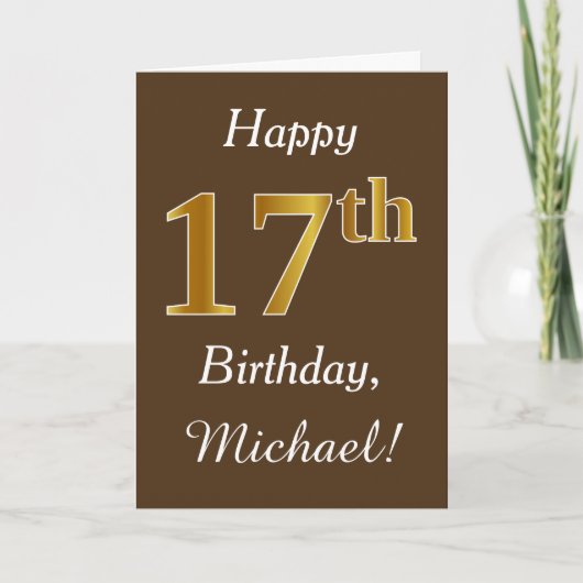 Carte Brown, Faux Gold 17e anniversaire + Nom personnali (Devant)