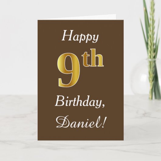 Carte Brown, Faux Gold 9e anniversaire + Nom personnalis (Devant)
