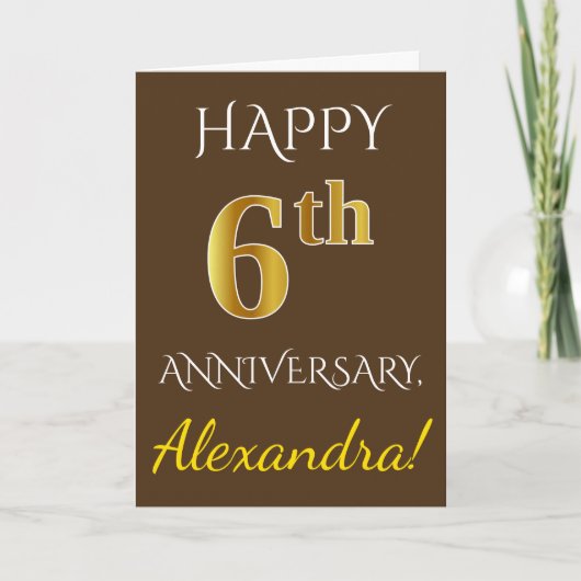 Carte Brown, Faux Or 6e Anniversaire de Mariage + Nom (Devant)