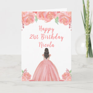 Carte Brown Hair Princess Pink Floral fête d'anniversair