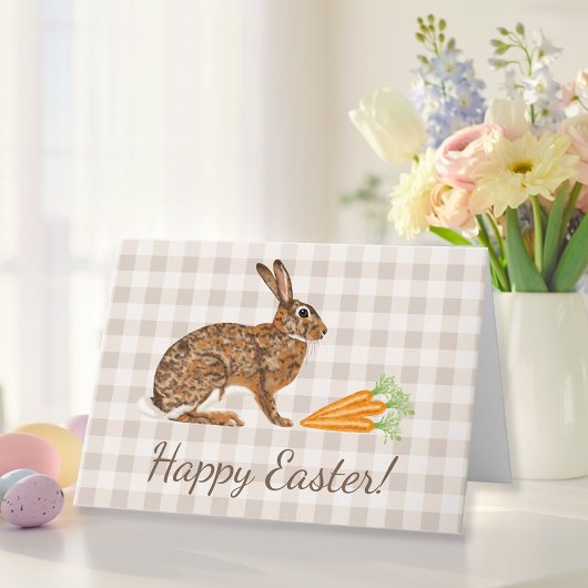 Carte Brown Hare And Carrots Beige Gingham Happy Easter