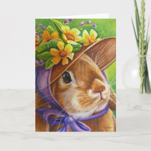 Carte Brown Lop Earred Rabbit in Bonnet Watercolor Art (Devant)