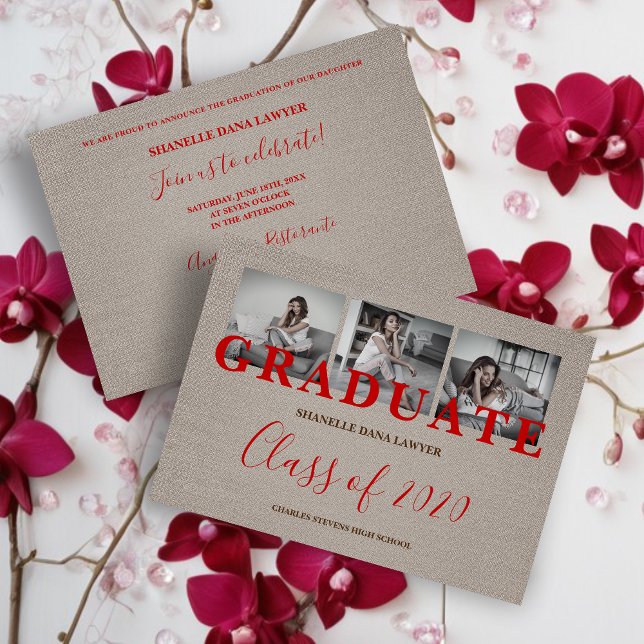 Carte Brown Textil Modern Three Photos Graduation (Rustic Brown & Red Modern 3 Photos Collage Graduation Linen Effect Invitation Card.)