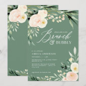 Carte Brunch & mousseux vert et pêche aquarelle floral (Devant / Derrière)