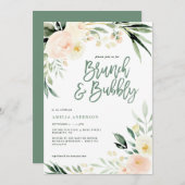 Carte Brunch & mousseux vert et pêche aquarelle floral (Devant / Derrière)