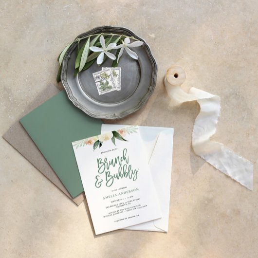 Carte Brunch & mousseux vert et pêche aquarelle floral