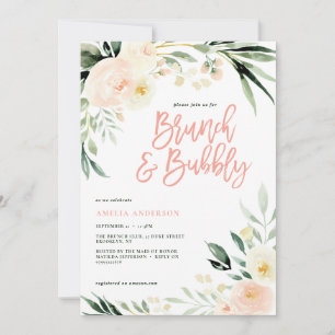 Carte Brunch & mousseux vert et pêche aquarelle floral