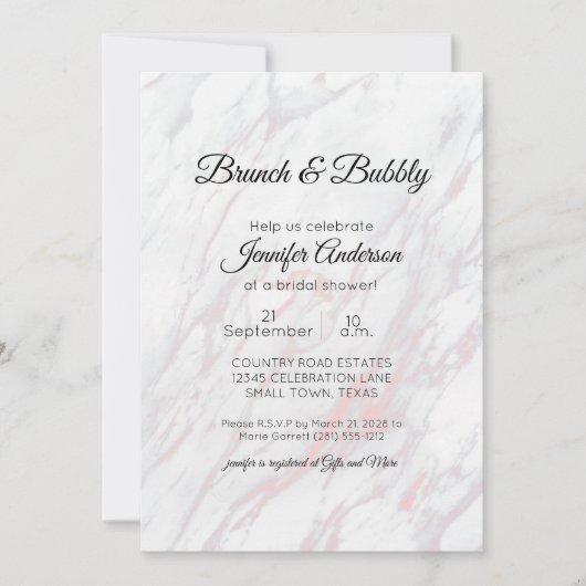 Carte Brunch nuptial moderne en marbre rose et gris (Devant)