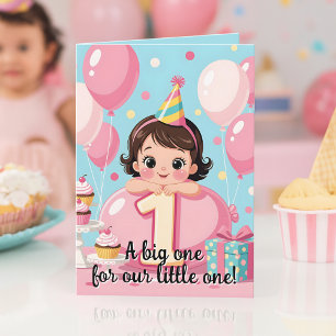 Carte Brunette Bébé Nièce Premier Anniversaire Ballon Ro