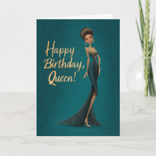 Carte Brunette Girl en robe sarcelle foncé Joyeux annive