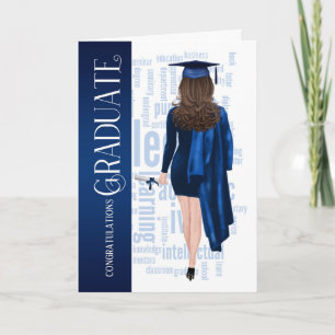 Carte Brunette Hair Blue Casquette et Gown Femme Diplômé