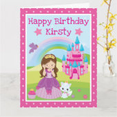 Carte Brunette Princesse avec château et arc-en-ciel (Fleur jaune)