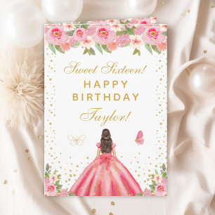 Carte Brunette rose florale Sweet sixteen de fille à che