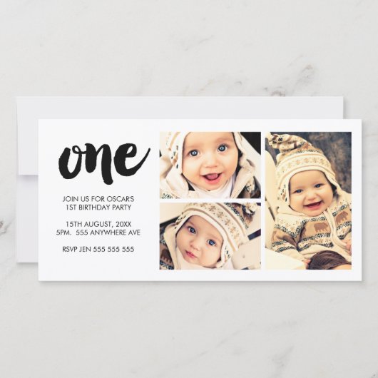 Carte Brush Letting 1ST Anniversaire Blanc 3 image cadre (Devant)