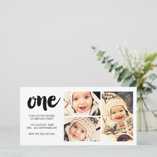 Carte Brush Letting 1ST Anniversaire Blanc 3 image cadre (Debout devant)