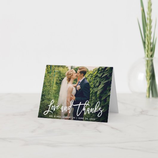Carte Brush Script Mariage Photo Love Thanks Modern Note (Devant)