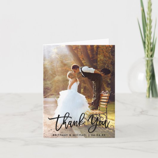 Carte Brush Script Modern Mariage Photo Merci Note (Devant)