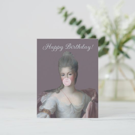 Carte Buble chewing-gum Diva soufflant une bulle rose ch (Debout devant)