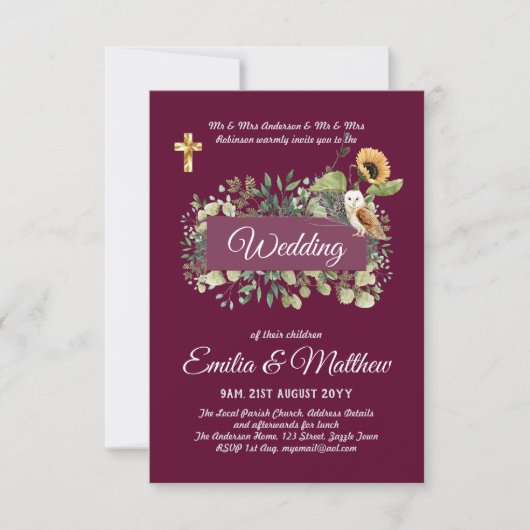 Carte BUDGET All-in-1 Mariage catholique Floral Owl Feui (Devant)