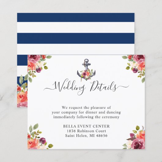 Carte Budget Ancre nautique Floral Mariage Détails (Devant / Derrière)