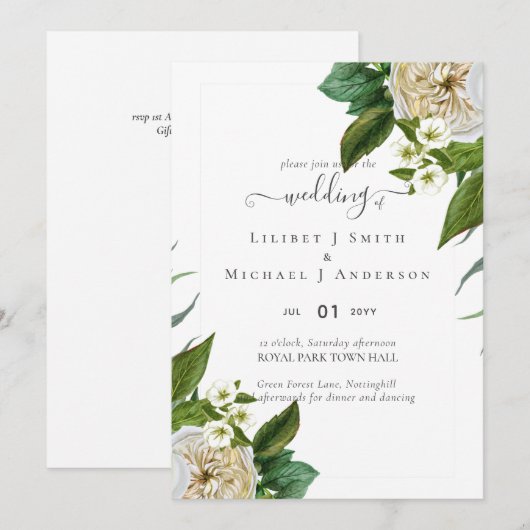 Carte BUDGET Blanc Roses Bouquet Mariage Floral (Devant / Derrière)