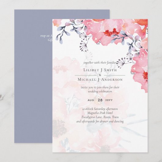 Carte Budget Blush rose Floral Dusty Blue Mariage (Devant / Derrière)