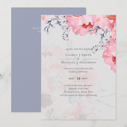 Carte Budget Blush rose Floral Dusty Blue Mariage (Devant / Derrière)
