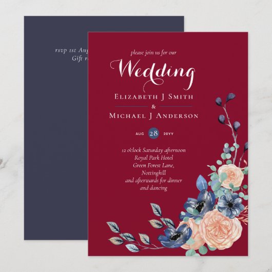 Carte Budget Burgundy Blue Peach Floral Mariage (Devant / Derrière)
