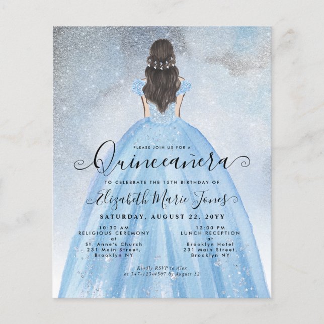 Carte Budget Dusty Blue Silver Princess Quinceañer (Devant)