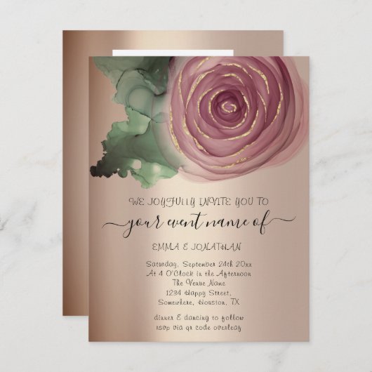 Carte Budget Floral QR Code Rose Gold Green (Devant / Derrière)