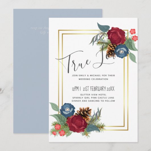 Carte BUDGET Mariage d'hiver Bourgogne Turquoise Bleu mo (Devant / Derrière)