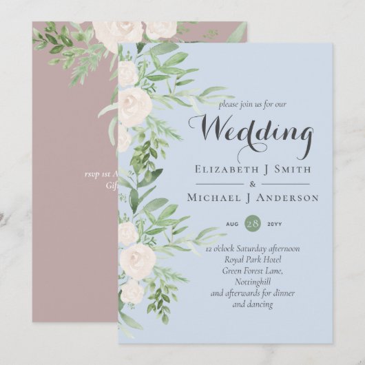 Carte BUDGET Mariage floral Dusty Blue Rose Sage (Devant / Derrière)