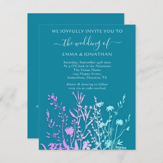 Carte Budget QR CODE Floral Meadow Purple Turquoise Bleu (Devant / Derrière)