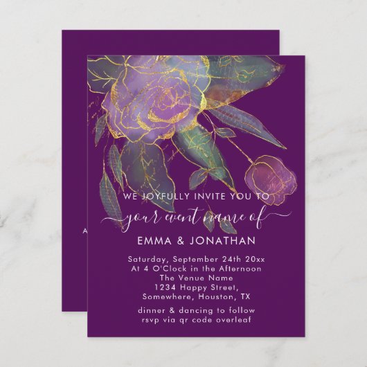 Carte Budget QR Code Marsala Gold Flowers violet (Devant / Derrière)