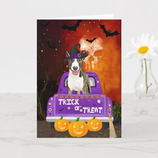 Carte Bull Terrier Chien dans le camion Halloween (Petite plante)