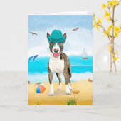 Carte Bull Terrier Dog sur la plage (Fleur jaune)