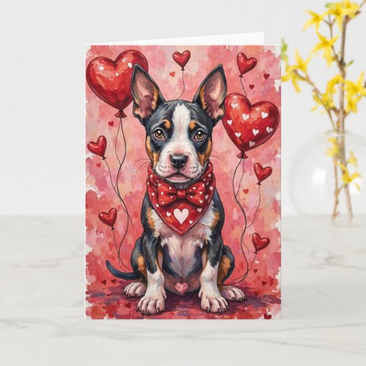 Carte Bull Terrier Valentine’s Day Dog with Hearts Red (Fleur jaune)