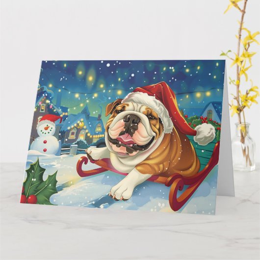 Carte Bulldog à Sleigh Snow Christmas (Fleur jaune)