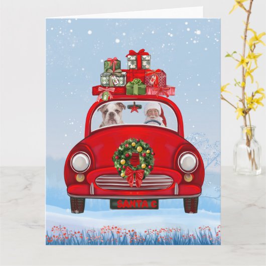 Carte Bulldog Anglais En Voiture Avec Le Père Noël (Fleur jaune)