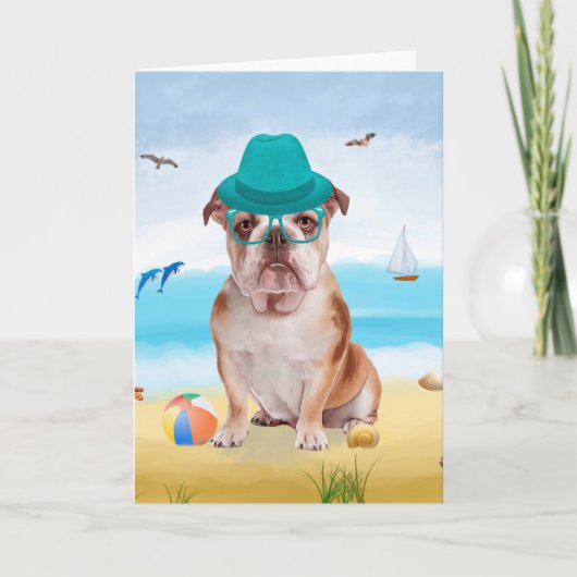 Carte Bulldog anglais sur la plage (Devant)
