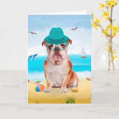 Carte Bulldog anglais sur la plage (Fleur jaune)