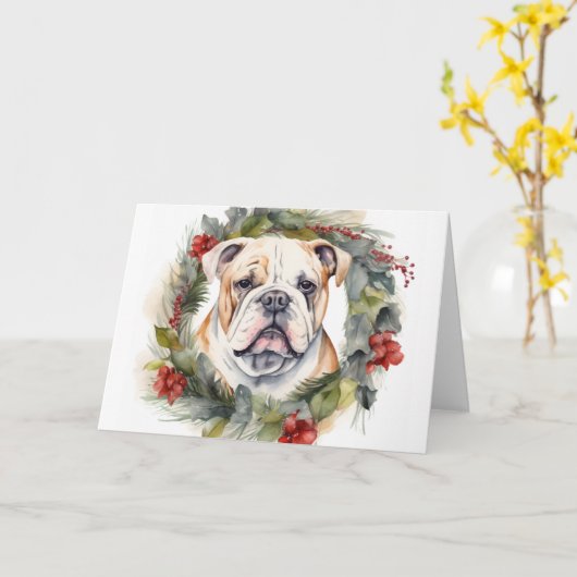Carte Bulldog Christmas Wreath Festive Pup (Fleur jaune)